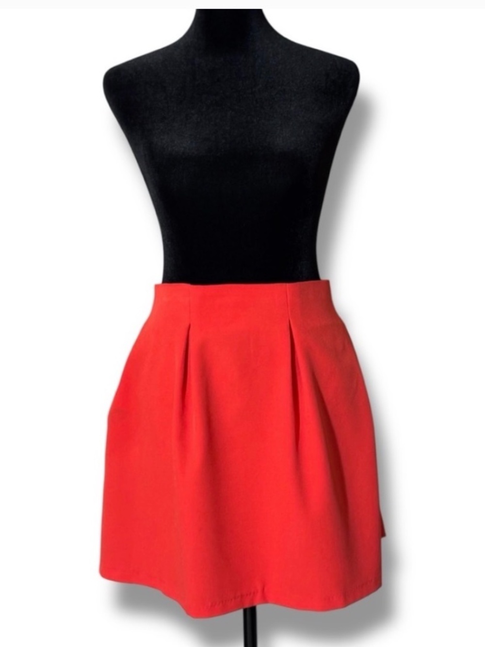 Vestique Red/Coral Elastic High Waist Fit & Flare Pleat Front A-Line Mini Skirt